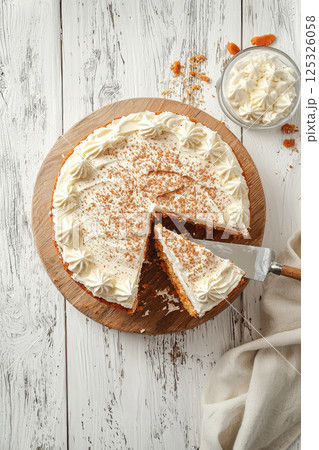 Homemade carrot cake with cheese cream topping on white wooden table. Top view 125326058