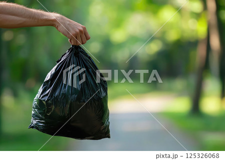 man hand hold black trash bag to go to throw in the bin.save ecology concept. Close up 125326068