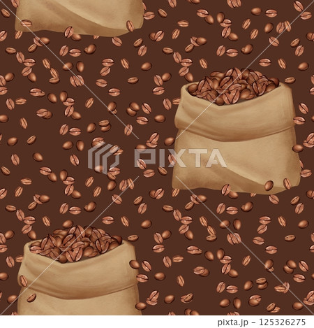 Seamless pattern with coffee sacks and beans on brown background 125326275