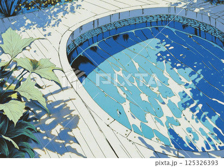 City Pop風 やや色あせた白いウッドデッキとプールの水面の白い波と緑の熱帯植物・観葉植物 125326393