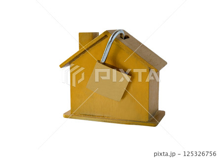 Wooden model house and padlock ,Home security concept. Wooden model house and padlock ,Home security concept. 125326756