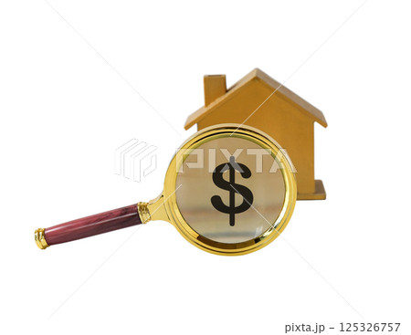 A magnifier on home model,according to the requirements, certifications, and real estate safety concept. 125326757
