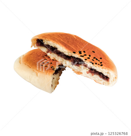 A half of round bread sweet red bean bread on white background. 125326768