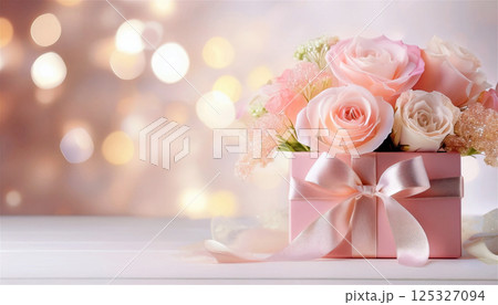 ピンクのばらのフラワーアレンジメントとプレゼント ピンクのばらのフラワーアレンジメントとプレゼント 125327094