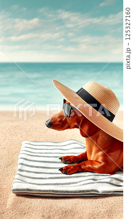 Dachshund relaxing on a striped towel at the beach under a sun hat with sunglasses in a warm coastal setting. 125327160