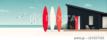 Bright surfboards stand against a modern beach house on a sunny day near the ocean with seagulls in the background. 125327181