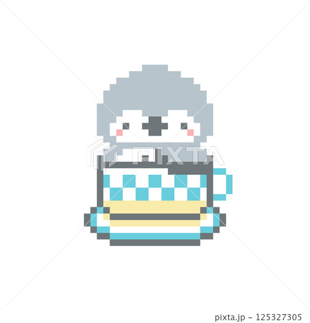 水色のコーヒーカップとフクロウのドット絵 水色のコーヒーカップとフクロウのドット絵 125327305