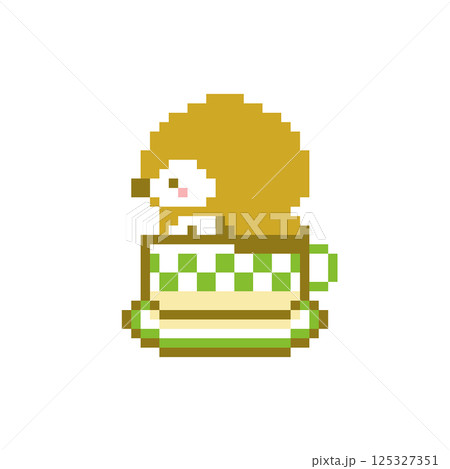 緑色のコーヒーカップと横顔のフクロウのドット絵 125327351