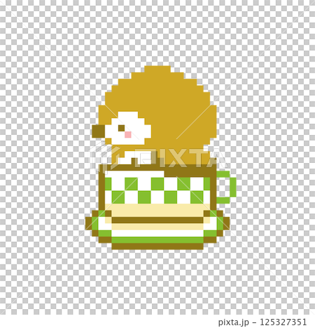 緑色のコーヒーカップと横顔のフクロウのドット絵 125327351