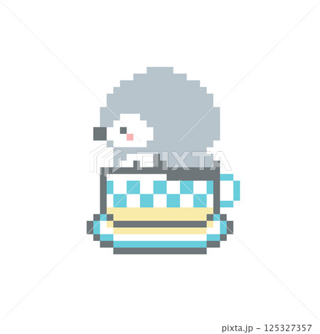 水色のコーヒーカップと横顔のフクロウのドット絵 125327357