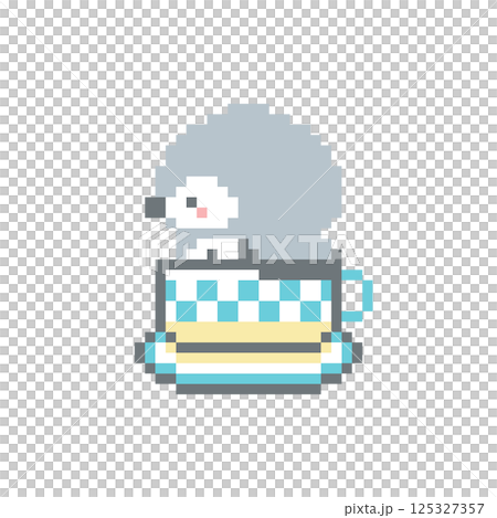 水色のコーヒーカップと横顔のフクロウのドット絵 125327357