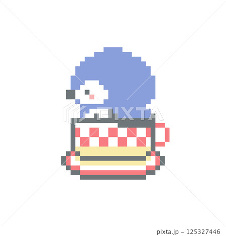 赤色のコーヒーカップと横顔フクロウのドット絵 125327446