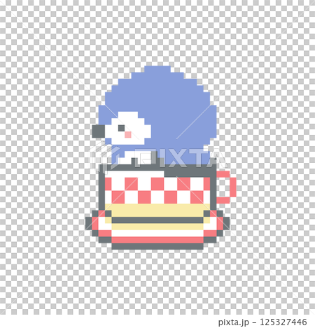 赤色のコーヒーカップと横顔フクロウのドット絵 125327446