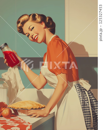 Smiling woman in retro apron holding jar of red jam beside baked pie in vintage kitchen interior. Realistic digital illustration in pin-up style. Home cooking and 1950s lifestyle concept. Design for Smiling woman in retro apron holding jar of red jam beside baked pie in vintage kitchen interior. Realistic digital illustration in pin-up style. Home cooking and 1950s lifestyle concept. Design for 125327453