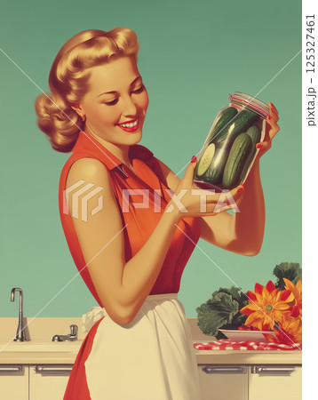 Smiling woman in red blouse and white apron holding jar of pickled cucumbers in vintage kitchen interior. Realistic digital illustration in pin-up style. Home canning and retro domestic concept. Smiling woman in red blouse and white apron holding jar of pickled cucumbers in vintage kitchen interior. Realistic digital illustration in pin-up style. Home canning and retro domestic concept. 125327461