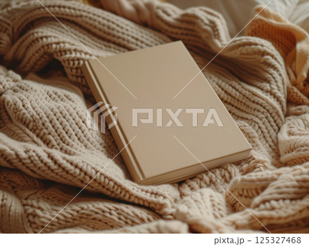 Hardcover beige book mockup placed on bed among knitted throw. Studio scene with textured fabric and book cover. Book template. Design for greeting card, banner, postcard, invitation 125327468