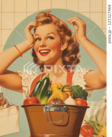Smiling retro woman with bucket of fresh vegetables in kitchen. Pin-up style food and cooking illustration. Vintage home lifestyle concept. Design for postcard, banner, poster, greeting card 125327469