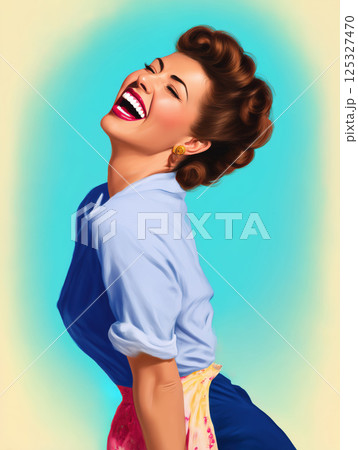 Laughing woman in retro 1950s outfit with vintage hairstyle posing against turquoise background. Realistic digital illustration in pin-up style. Joyful expression and classic fashion concept. Design 125327470
