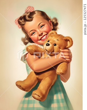 Smiling girl in vintage dress hugging teddy bear. Retro illustration with pastel background. Pin-up style artwork. Design for postcard, greeting card, poster, invitation 125327471