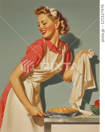 Happy housewife in red blouse and white apron folding red towel near pie and apples on kitchen counter. Retro-inspired realistic pin-up artwork. Domestic life and traditional baking concept. Design Happy housewife in red blouse and white apron folding red towel near pie and apples on kitchen counter. Retro-inspired realistic pin-up artwork. Domestic life and traditional baking concept. Design 125327476