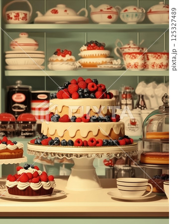 Three-tier berry cake on stand surrounded by desserts in retro kitchen interior. Vintage pastry display with berries and ceramic dishes. Design for postcard, banner, poster, greeting card Three-tier berry cake on stand surrounded by desserts in retro kitchen interior. Vintage pastry display with berries and ceramic dishes. Design for postcard, banner, poster, greeting card 125327489