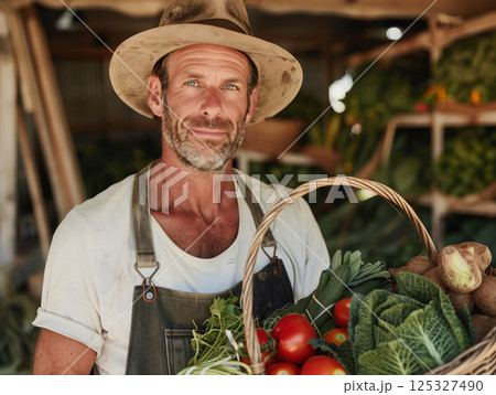 Male vendor with tomatoes, spinach, onions, and greens at farmers market booth. Daylight outdoor photography. Farm-to-table and local produce concept. Design for postcard, banner, greeting card, print 125327490