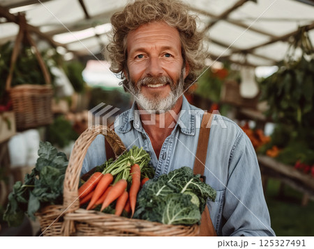 Portrait of man in blue shirt standing at vegetable stall under striped canopy. Natural street market setting. Fresh harvest and food selling concept. Design for print, poster, banner, invitation. Portrait of man in blue shirt standing at vegetable stall under striped canopy. Natural street market setting. Fresh harvest and food selling concept. Design for print, poster, banner, invitation. 125327491