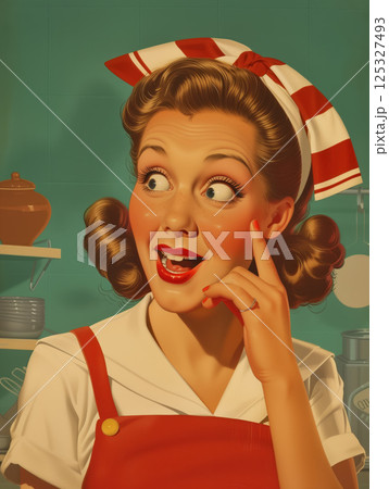 Shocked woman in chef hat and red lipstick posing in vintage kitchen. Pin-up style digital artwork. Retro homemaking and culinary lifestyle concept for greeting card and banner Shocked woman in chef hat and red lipstick posing in vintage kitchen. Pin-up style digital artwork. Retro homemaking and culinary lifestyle concept for greeting card and banner 125327493