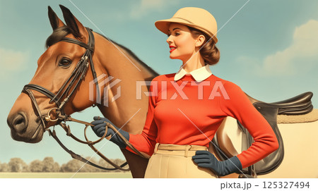 Female equestrian with horse in countryside setting. Woman in boots and skirt gently touching horses face. Realistic retro-style image. Design for postcard, poster, banner, invitation Female equestrian with horse in countryside setting. Woman in boots and skirt gently touching horses face. Realistic retro-style image. Design for postcard, poster, banner, invitation 125327494