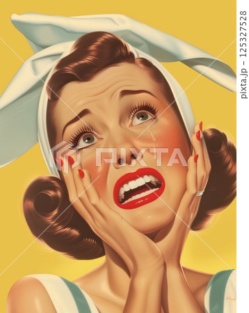 Weeping woman with vintage hairstyle and red lipstick in yellow dress. Retro style digital illustration with dramatic facial expression. Emotional breakdown and domestic life concept for poster and Weeping woman with vintage hairstyle and red lipstick in yellow dress. Retro style digital illustration with dramatic facial expression. Emotional breakdown and domestic life concept for poster and 125327528
