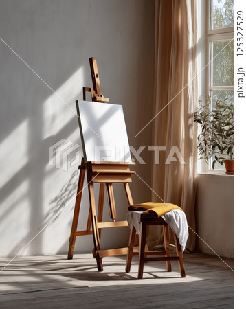 Blank canvas on wooden easel in sunlit room with chair. Artist studio interior with soft shadows and window light. Creative workspace mockup. Design for poster, banner, greeting card, invitation 125327529
