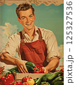 Male cook in checkered apron posing with vegetable basket on kitchen table. Retro pin-up advertising illustration. Vegetarian food and cooking at home concept. Design for banner, poster, invitation, 125327536