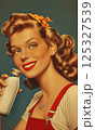 Smiling woman with vintage hairstyle holding glass milk bottle. Retro style digital illustration with red apron and heart necklace. Dairy advertising and nutrition concept for poster and greeting card 125327539