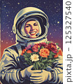 Smiling female astronaut in open helmet holding bouquet of flowers. Retro-futuristic illustration with starry cosmic background. Vintage space exploration concept. Design for poster, banner, greeting 125327540