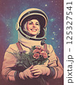 Woman in space suit with bouquet of colorful flowers. Retro-style astronaut illustration with cosmic background. Space celebration concept. Design for greeting card, banner, invitation, poster 125327541