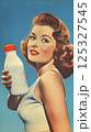 Smiling woman holding plastic milk bottle with red cap. Stylized vintage digital illustration on blue background. Dairy advertising and nutrition concept for poster and print 125327545