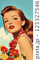 Close-up of vintage woman with curled hair and red lipstick in retro outfit. Pin-up portrait with blue sky backdrop. Design for greeting card, poster, invitation, banner 125327546