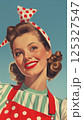 Portrait of smiling retro woman in red polka dot apron and headband. Pin-up style illustration on blue background. Vintage beauty and fashion concept. Design for postcard, banner, poster, greeting 125327547