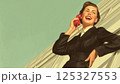 Smiling woman in vintage suit talking on red corded phone. Retro illustration with copy space on pastel background. Pin-up style poster. Design for banner, postcard, greeting card, poster 125327553