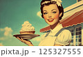 Happy woman in vintage uniform holding dessert plate with whipped topping. Retro diner scene illustration. Pin-up food and hospitality concept. Design for postcard, poster, greeting card, banner 125327555