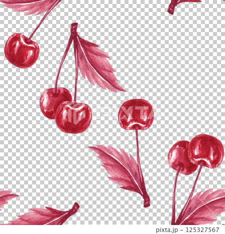 Sprig of two cherries with leaf seamless pattern. Monochrome Cherry twigs. Watercolor illustration isolated on white repeat background. Red berries for textile, packaging liqueur, tincture, jam, tea Sprig of two cherries with leaf seamless pattern. Monochrome Cherry twigs. Watercolor illustration isolated on white repeat background. Red berries for textile, packaging liqueur, tincture, jam, tea 125327567