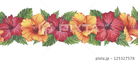 Red and orange hibiscus floral border in watercolor technique Red and orange hibiscus floral border in watercolor technique 125327578