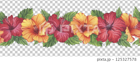 Red and orange hibiscus floral border in watercolor technique Red and orange hibiscus floral border in watercolor technique 125327578