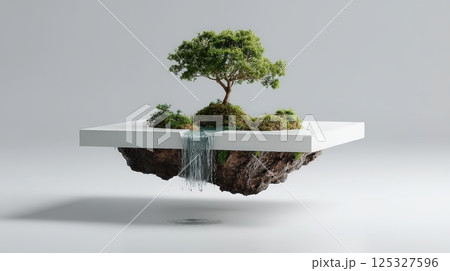 Floating Island With Tree and Waterfall on Minimal Background 125327596
