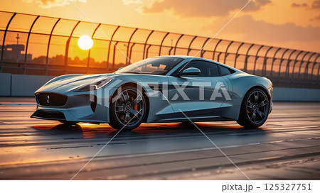 A modern sports car on a racetrack in the evening. 125327751
