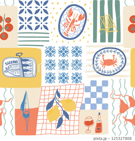 Summer Mediterranean food seamless pattern. Vector patchwork print with sardine, seafood, lobster, Italian tiles. Summer Mediterranean food seamless pattern. Vector patchwork print with sardine, seafood, lobster, Italian tiles. 125327808