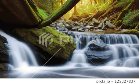 Beautiful waterfall in the middle of the forest. Clear water with moss and trees around. 125327837