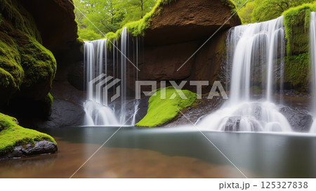 Beautiful waterfall in the middle of the forest. Clear water with moss and trees around. 125327838