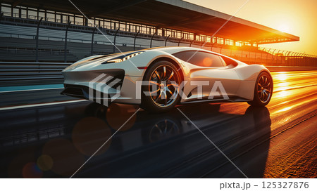 A modern sports car on a racetrack in the evening. 125327876