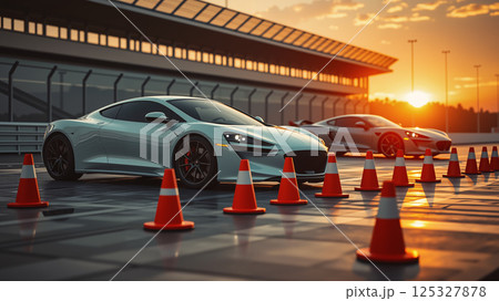 A modern sports car on a racetrack in the evening. 125327878
